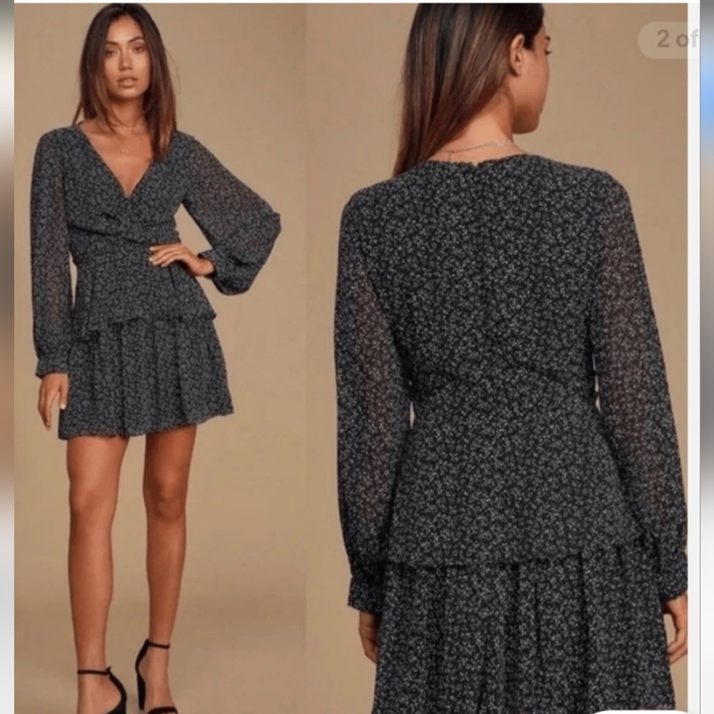 Lulus "Tell You I Love You Black Floral Print Twist-Front Mini Dress", Medium